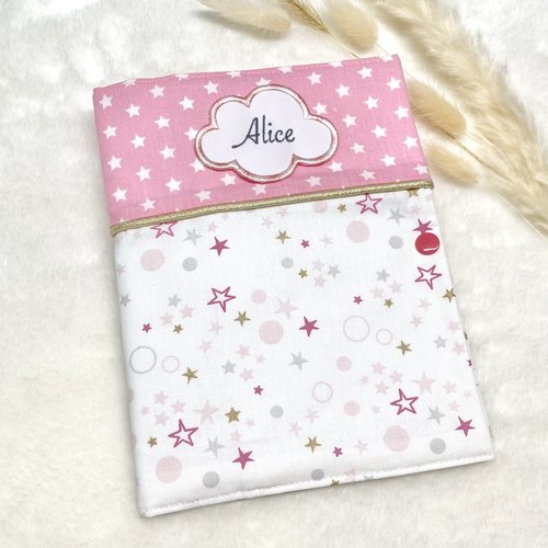 Protège carnet de santé, rose motif étoiles, personnalisé