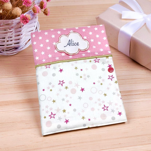 Protège carnet de santé, rose motif étoiles, personnalisé