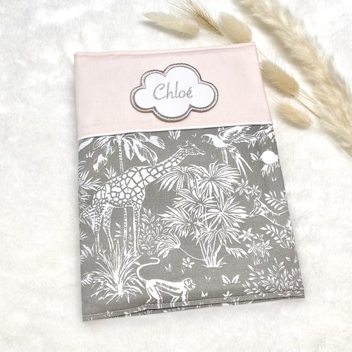 Protège carnet de santé, beige et rose motif jungle, personnalisé