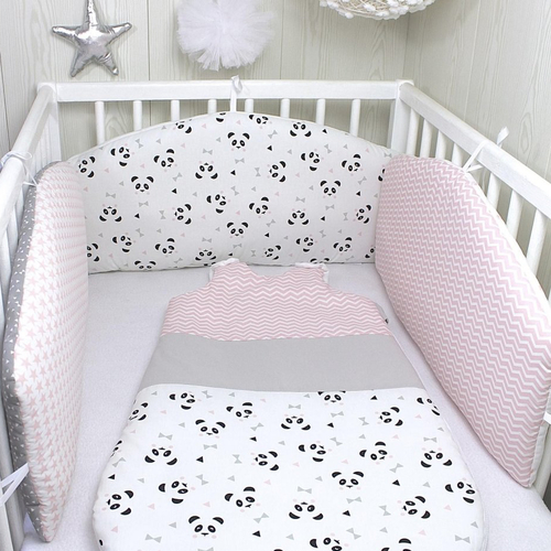 Tour de lit bébé, panda gris et rose en 3 parties, en 60 ou 70cm large
