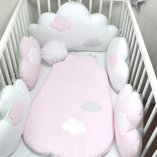 5 coussins nuages pour tour de lit bébé, chaise ou fauteuil, blanc, rose et gris