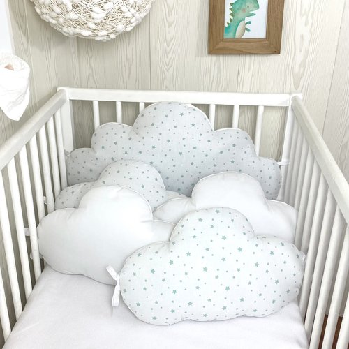 Tour de lit nuages, blanc, étoiles vert d'eau