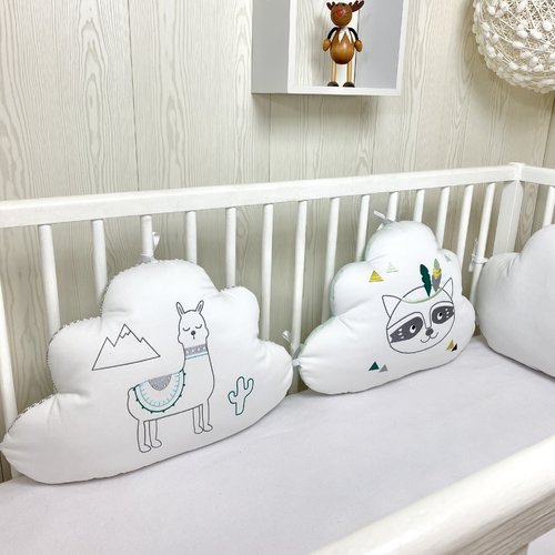 Tour de lit nuages, blanc, motif lama et raton