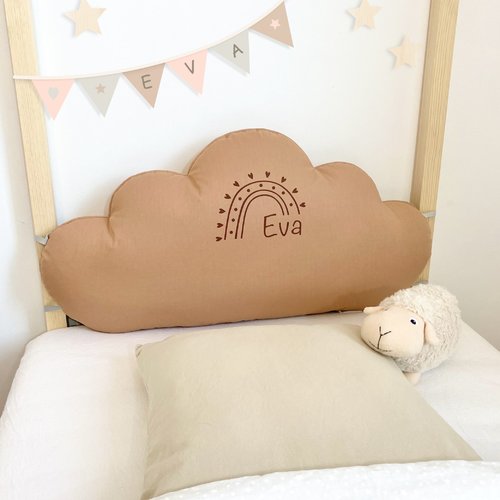 Coussin nuage couleur au choix, avec prénom et motif arc en ciel marron, pour tête de lit, largeur au choix: 60, 70, 80, 90c