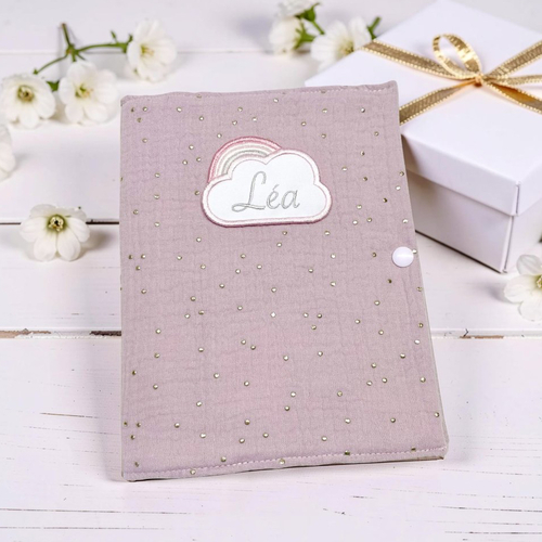 Protège carnet de santé, rose et pois doré avec prénom brodé