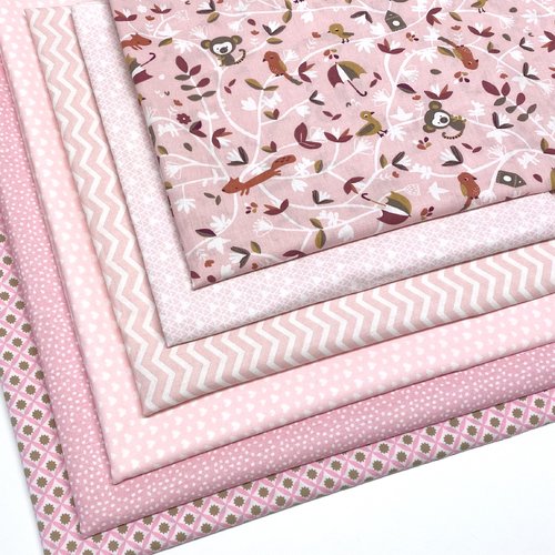 Lot de 6 tissus en coton, rose et motifs, renard, oiseau, koala, perroquet, cœur, pois, chevron