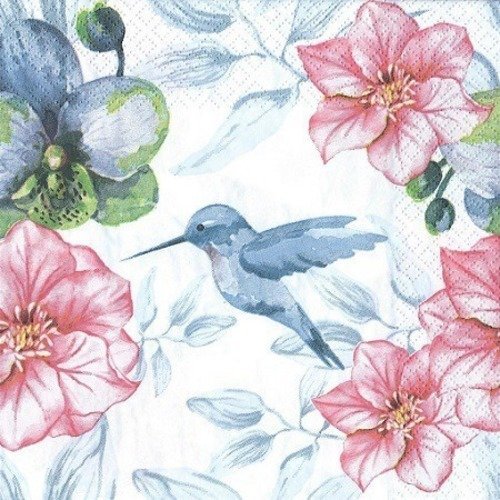 1 serviette en papier oiseaux - colibri - hibiscus - ref 153