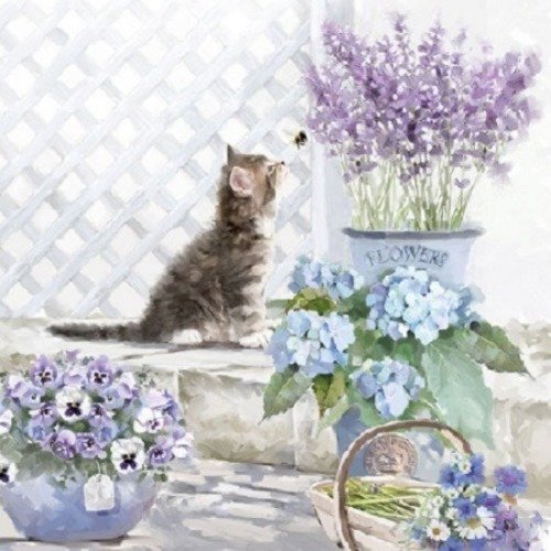 1 serviette en papier le chat dans les fleurs - ref 440