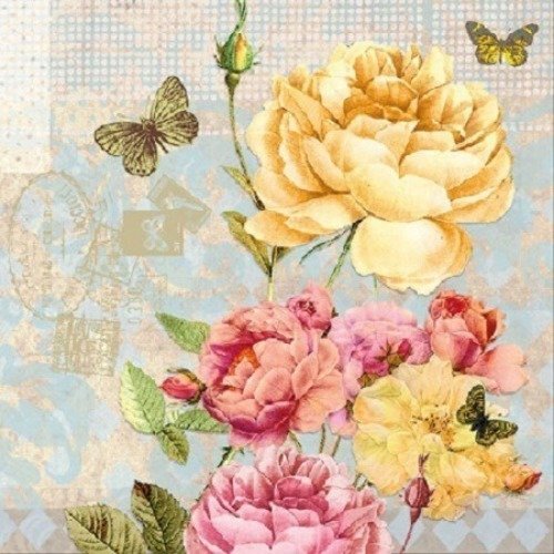 1 serviette en papier bouquet de roses - papillons - ref 448
