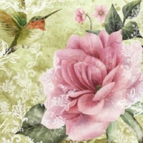 1 serviette en papier fleurs - roses - colibri - ref 554