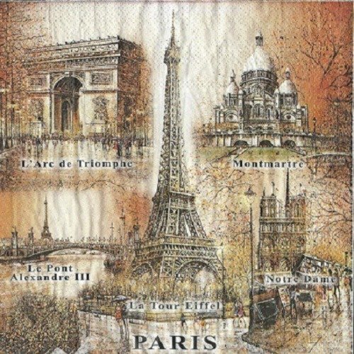 1 serviette en papier paris - tour eiffel - monuments parisien - vintage - ref 637