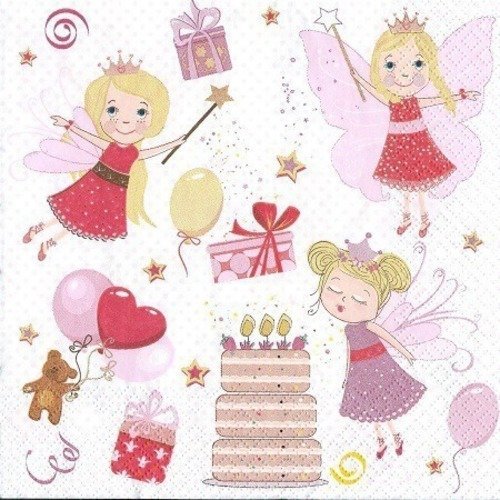 1 serviette en papier princesse - elfes - gâteau anniversaire - ref 652