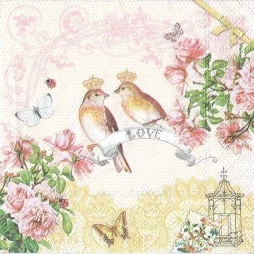 1 serviette en papier oiseaux - bouquet de rose - love - ref 842