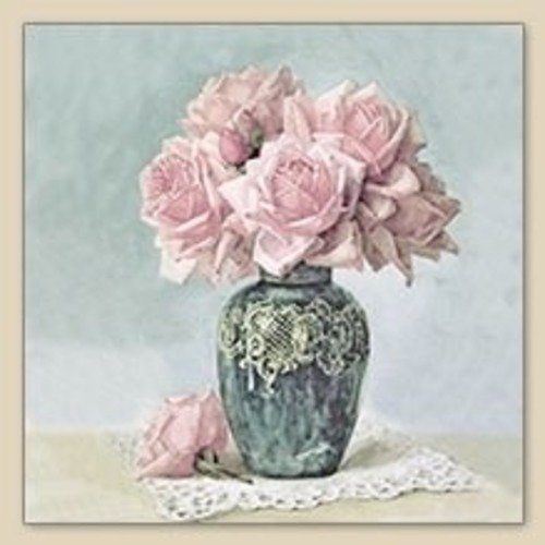 1 serviette en papier bouquet de roses - vase - shabby - ref 853