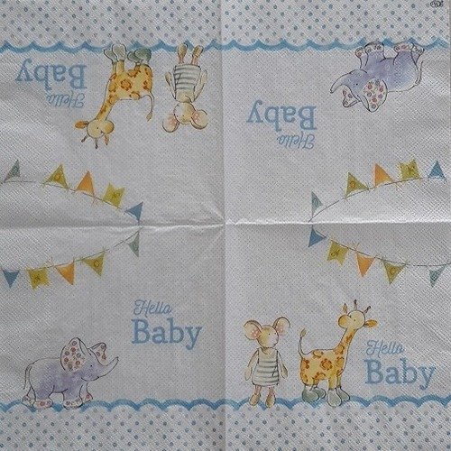 1 serviette en papier animaux - hello baby bleu - ref 920