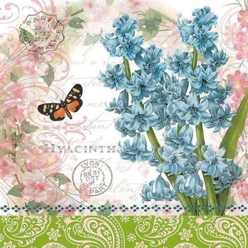 1 serviette en papier fleurs - jacinthes - papillons - ref 931