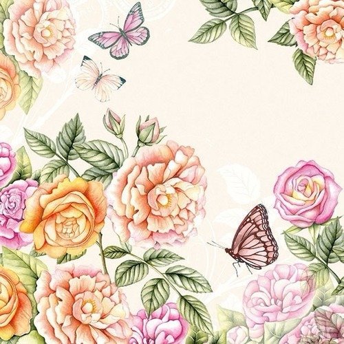 1 serviette en papier fleurs - roses - papillons - ref 932