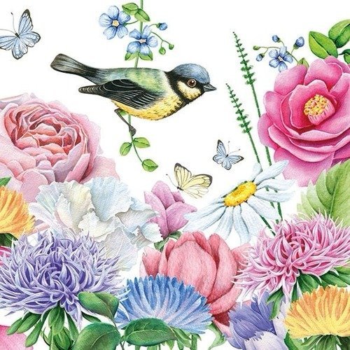 1 serviette en papier fleurs - oiseaux - ref 954