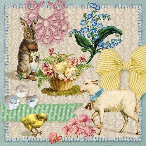 1 serviette en papier lapin - mouton - fleurs - pâques - ref 957