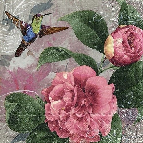 1 serviette en papier oiseaux - colibri - roses - ref 967