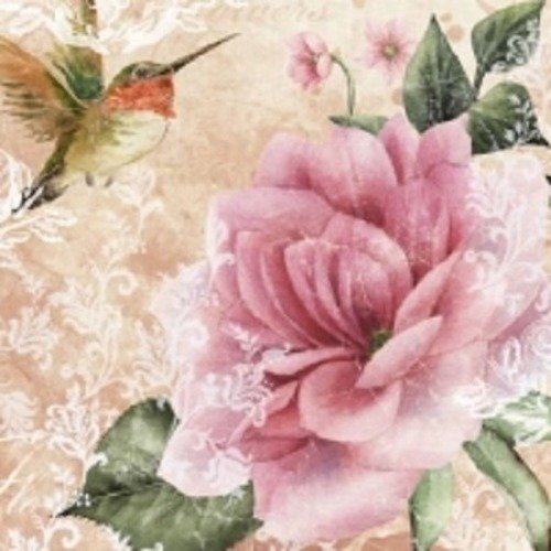 1 serviette en papier fleurs - roses - colibri - ref 606