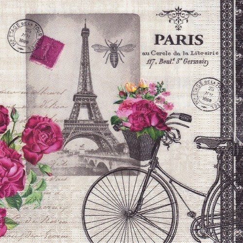 1 serviette en papier paris - tour eiffel - vélo - fleurs - ref 1292