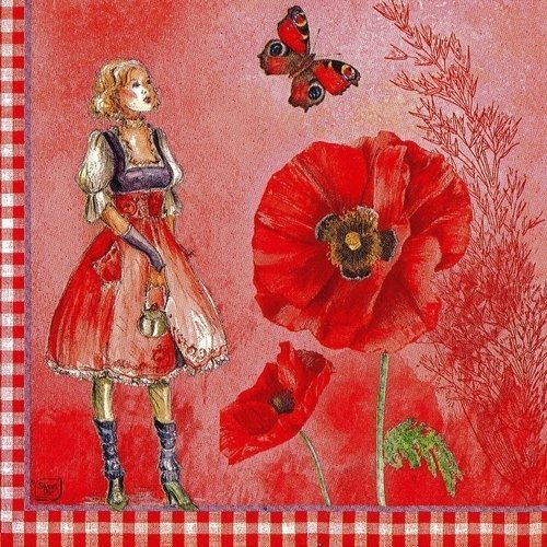 1 serviette en papier lady coquelicots - fleurs - papillon - ref 1293