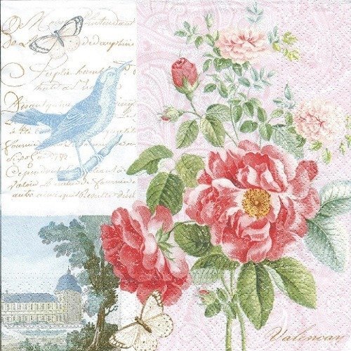 1 serviette en papier bouquet de fleurs - roses - oiseaux - papillon - ref 1332