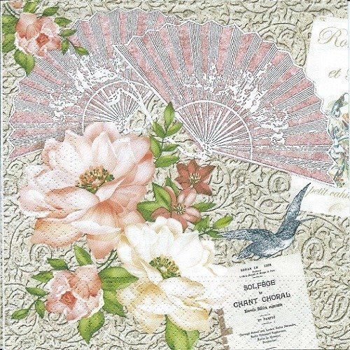 1 serviette en papier bouquet de fleurs - roses - oiseaux - éventail - ref 1333