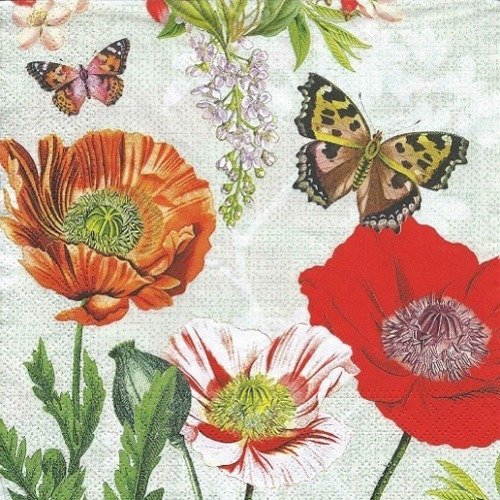 1 serviette en papier coquelicot - pavot - fleurs - papillon - ref 1336