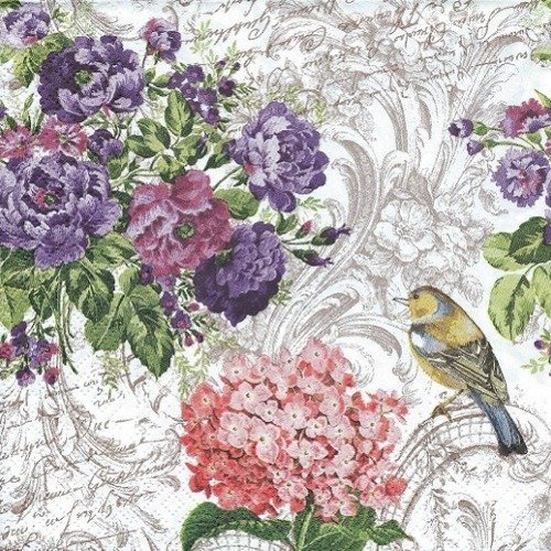 1 serviette en papier renoncule - hortensias - fleurs - oiseaux - ref 1338