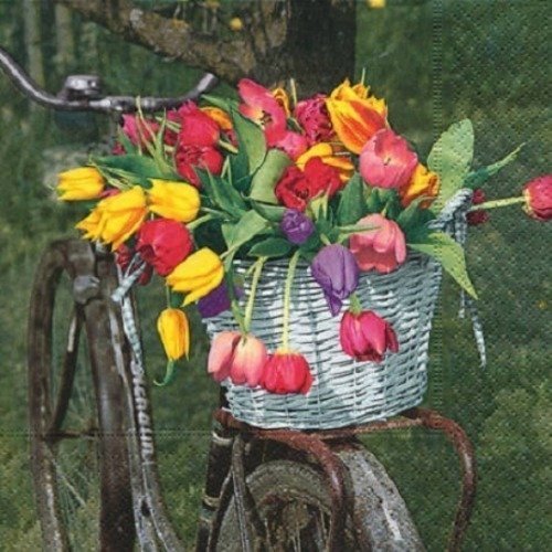 1 serviette en  papier tulipes - fleurs - vélo - ref 1073