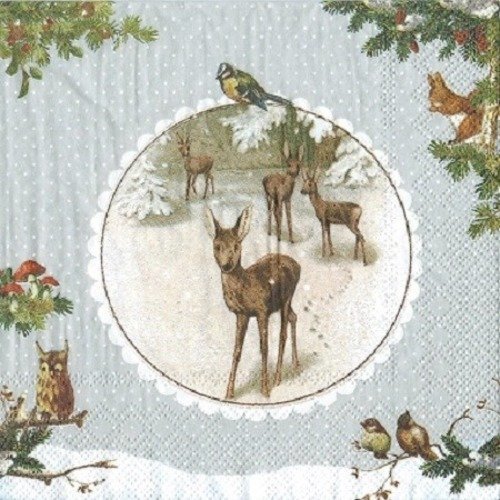 1 serviette en papier paysage hiver - biche - faon - noel - ref 1135
