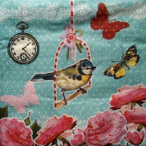 1 serviette en papier oiseaux - papillon - fleurs - ref 1156