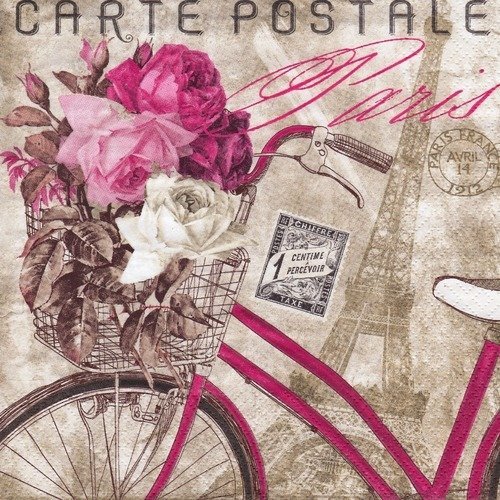 1 serviette en papier carte poste paris - vélo - bouquet de fleurs - ref 1175