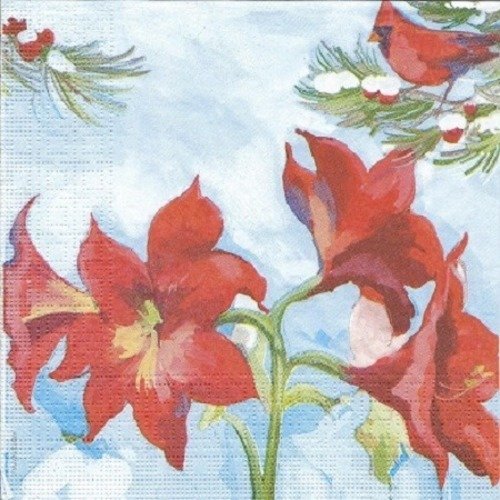 1 serviette en papier amaryllis - fleurs - cardinal - oiseaux - ref 1222