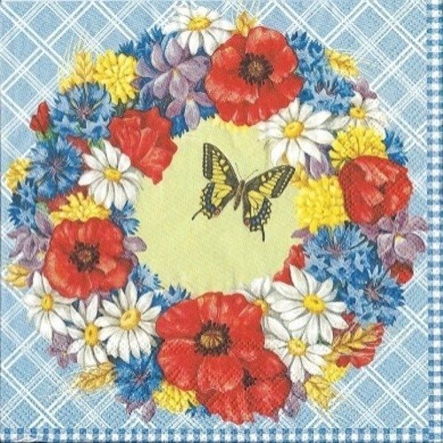 1 serviette en papier couronne de fleurs - coquelicots - bleuets - ref 1232
