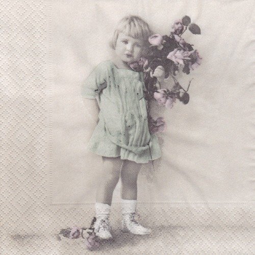 1 serviette en papier rétro - petite fille et le bouquet de fleurs - ref 1394