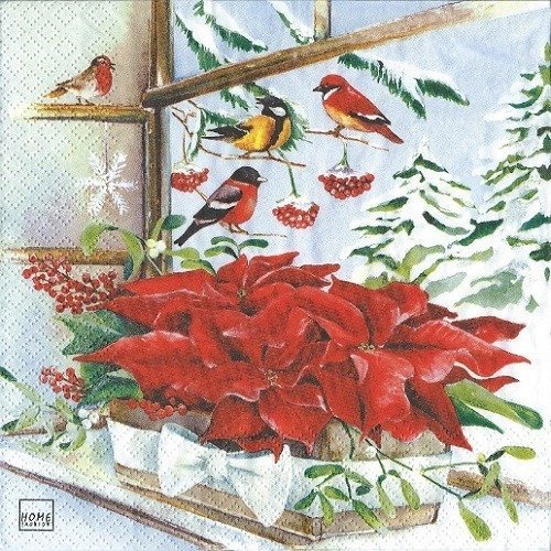 1 serviette en papier oiseaux - rouge gorge - fleurs - ref 1422
