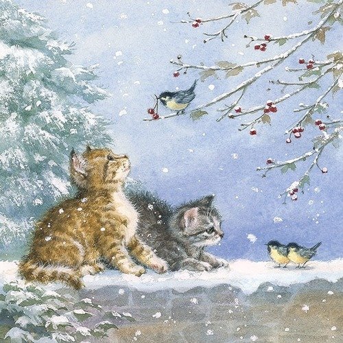 1 serviette en papier les chats et les oiseaux - paysage d'hiver - ref 1469