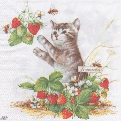 1 serviette en papier chat gourmand fraise abeille - ref 1503