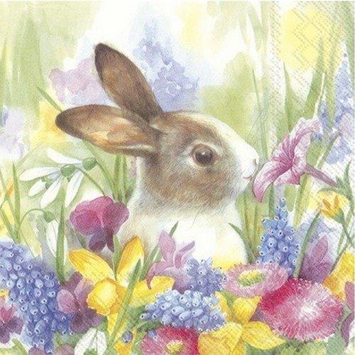 1 serviette en papier lapins - fleurs - ref 1507