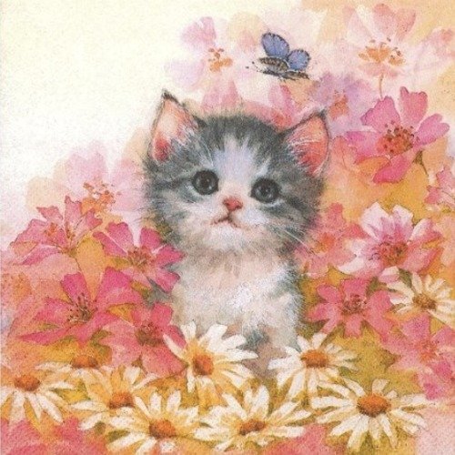 1 serviette en papier chat dans les fleurs - ref 1510