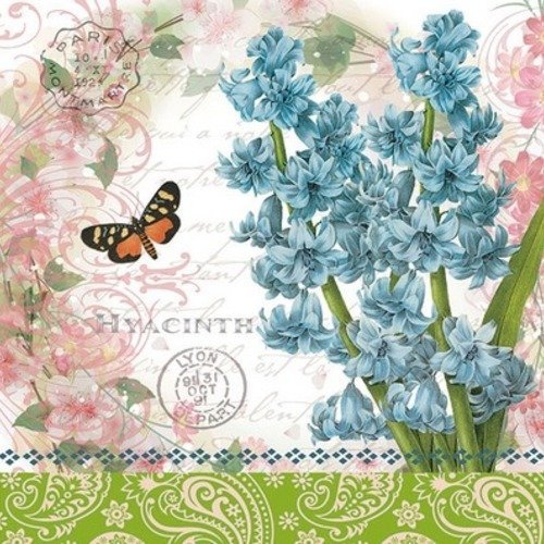 1 serviette en papier fleurs - hyacinthe - papillon- ref 1536