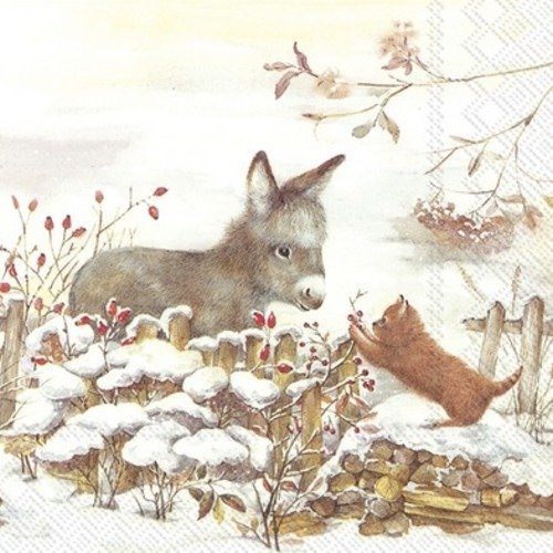 1 serviette en papier âne - chat - paysage d'hiver - ref 1537