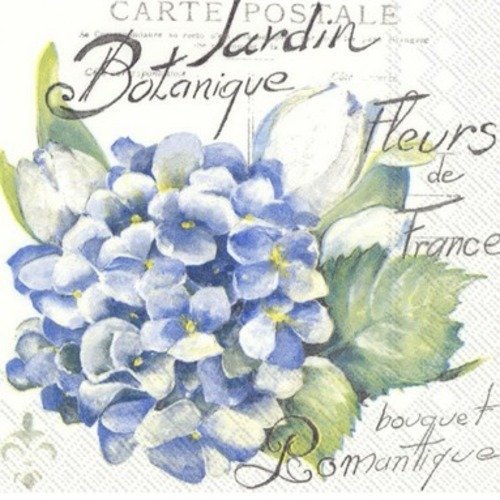 1 serviette en papier fleurs hortensia bleu - bouquet romantique - ref  1538