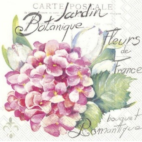 1 serviette en papier fleurs hortensia rose - bouquet romantique - ref 1539