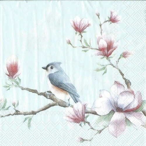 1 serviette en papier oiseaux - magnolia fond bleu - ref 1551