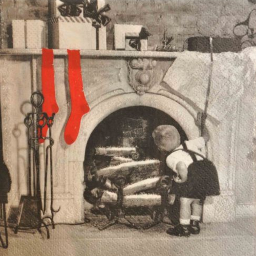 1 serviette en papier rétro - l'enfant devant la cheminée - ref 1574