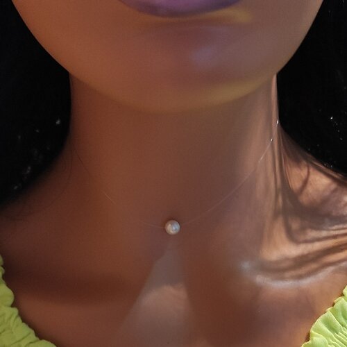 Collier ras du cou femme fil nylon transparent perle d'eau douce 6 mm longueur au choix